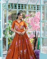 Rust Orange Floral Printed Shirt & Lehenga Set
