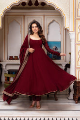Maroon Faux Georgette Anarkali Suit – Sequence Work, Fully Stitched