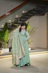 Pista Green Pure Chanderi Silk Anarkali Suit with 9-Meter Frill Flair – 3-Piece Set