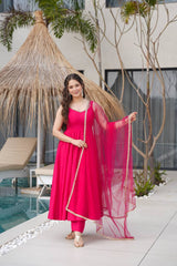 Rani Pink Pure Roman Silk Chanderi Anarkali Suit with Mirror Lace Dupatta