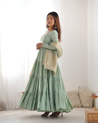 Elegant Pista Green Roman Silk Ruffle Anarkali Suit – Three-Piece Festive Ensemble