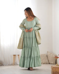 Elegant Pista Green Roman Silk Ruffle Anarkali Suit – Three-Piece Festive Ensemble