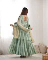 Elegant Pista Green Roman Silk Ruffle Anarkali Suit – Three-Piece Festive Ensemble