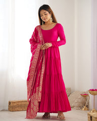 Rani Pink Pure Roman Silk Chanderi Anarkali Suit with Ruffle Flair & Banarasi Dupatta – Festive Wear