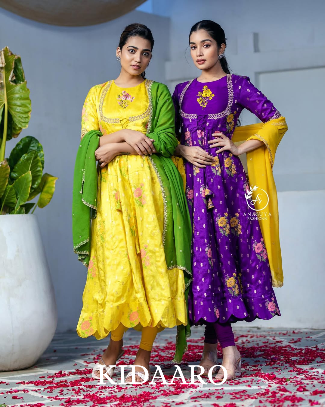 purple Floral Anarkali with Mustard Yellow Dupatta