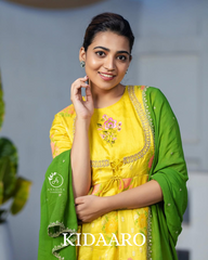 Yellow Floral Anarkali with Green Dupatta