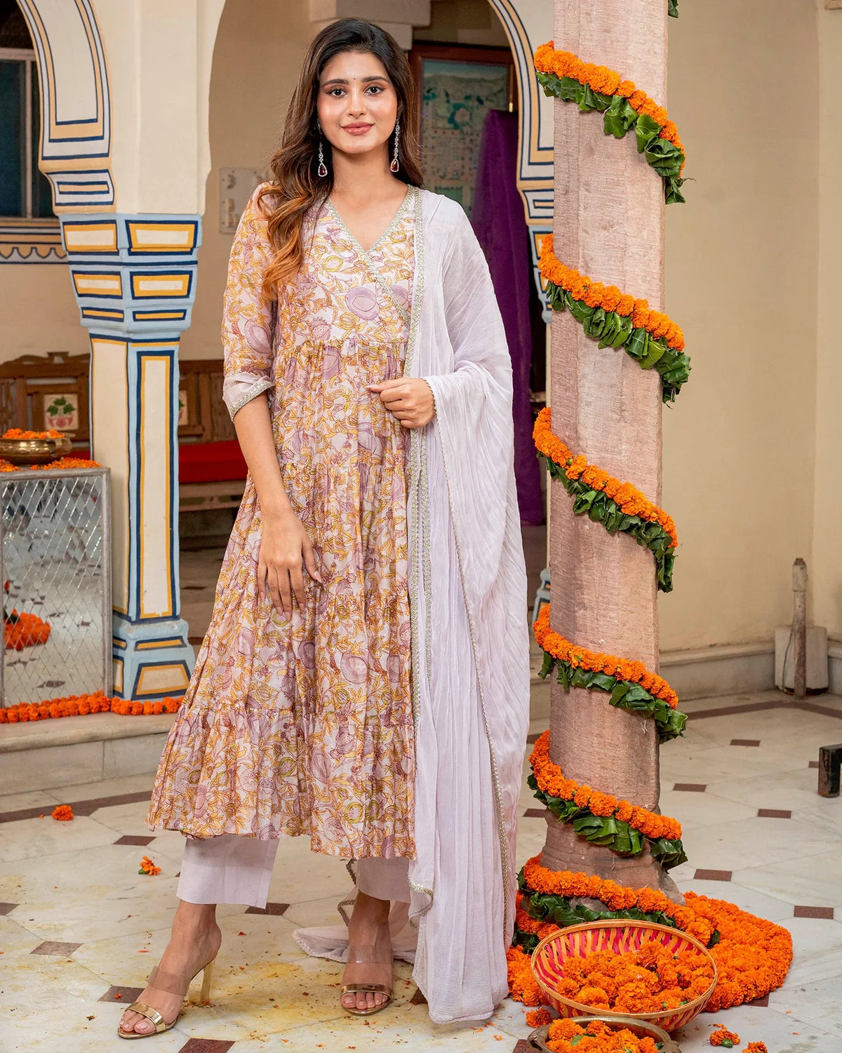 Off White Floral & Tiered Suit Set