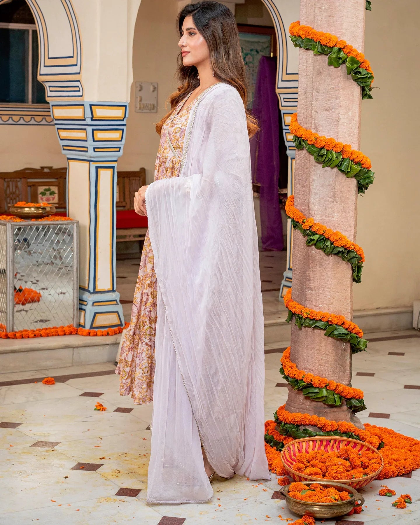 Off White Floral & Tiered Suit Set