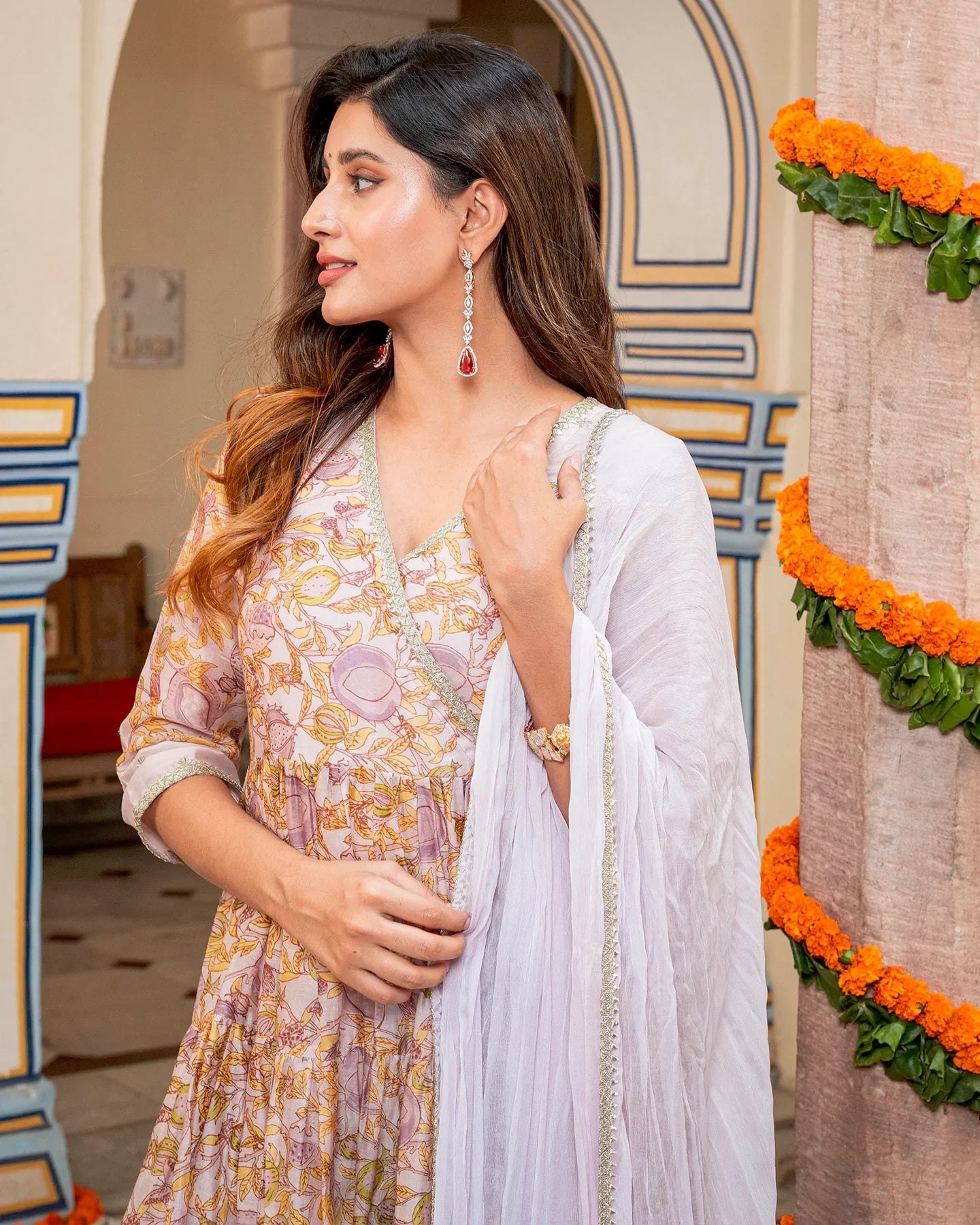 Off White Floral & Tiered Suit Set