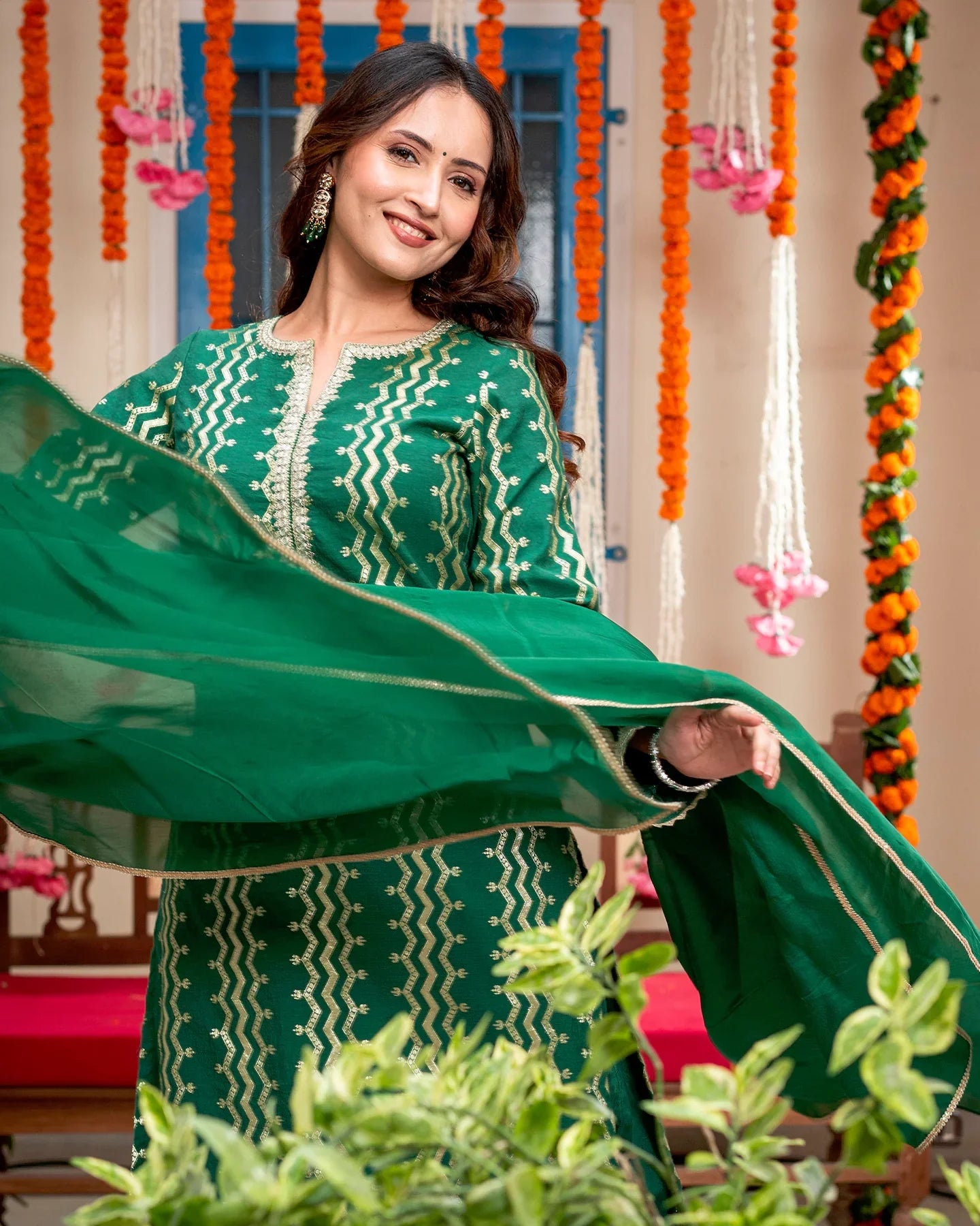 Green Self-Embroidered Suit Set