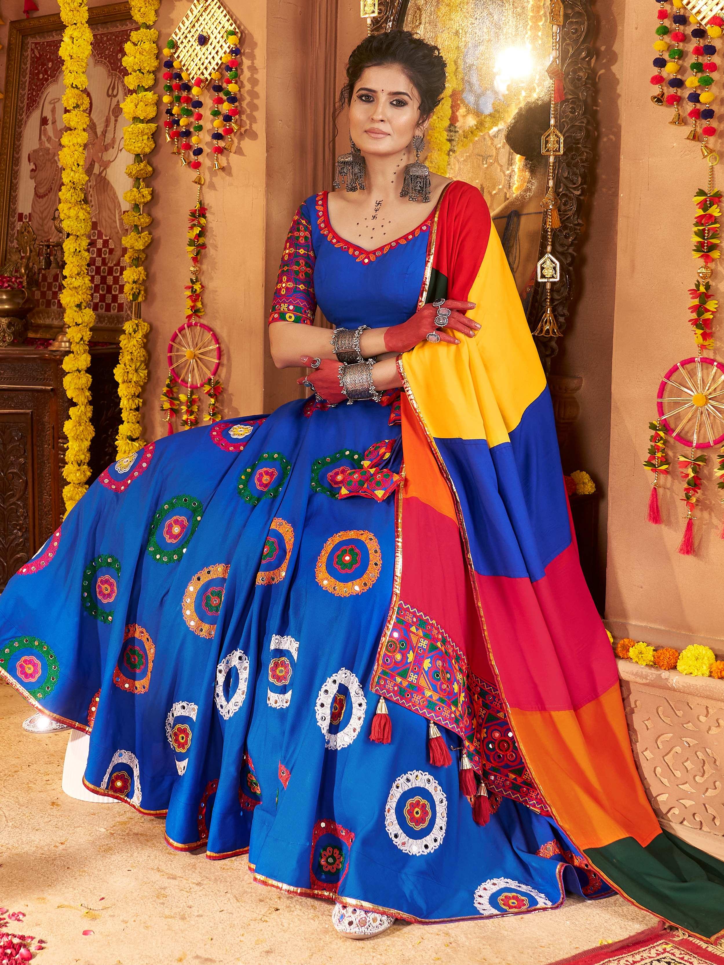 Blue Embroidered Lehenga Choli with Mirror Work & Multicolor Dupatta
