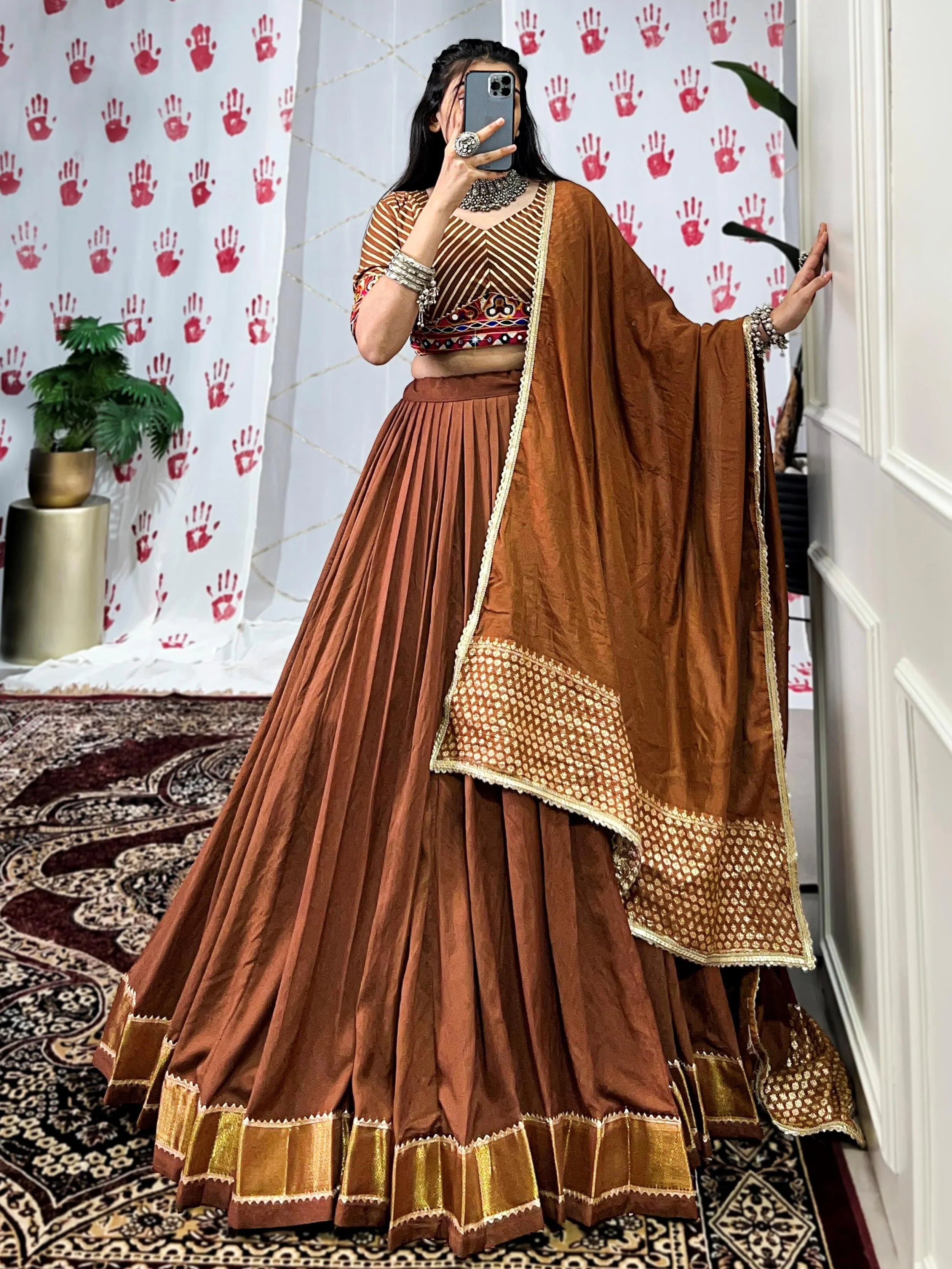 Brown Chanderi Lehenga Choli – Elegant Zari & Gotta Patti Work for Festive Occasions
