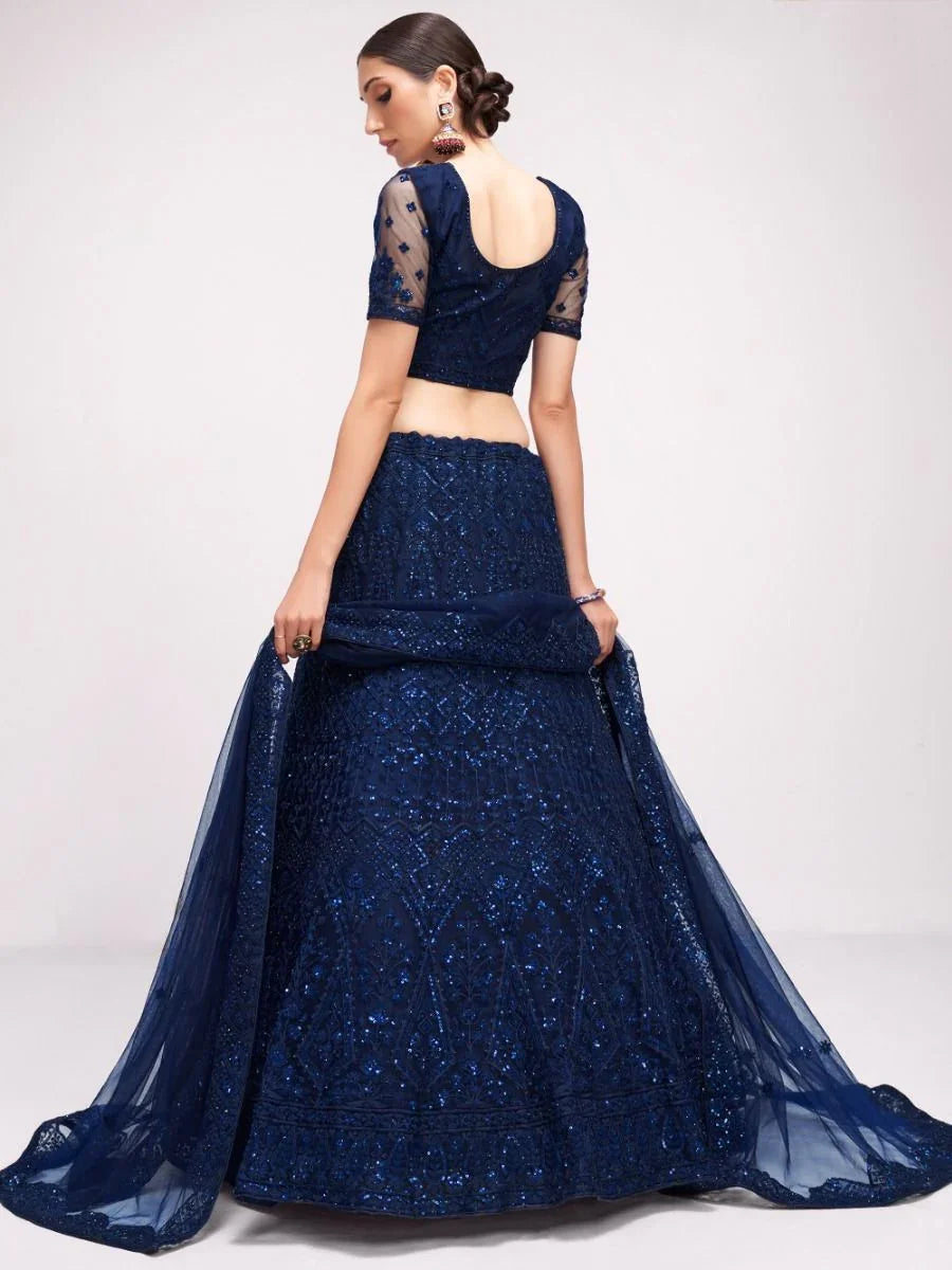 Dark Blue Net Silk Lehenga Choli with Sequins & Stone Embroidery