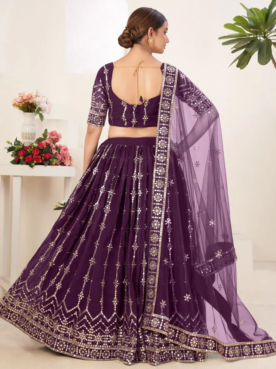 Dark Purple Georgette Lehenga Choli – Sequins & Zari Work