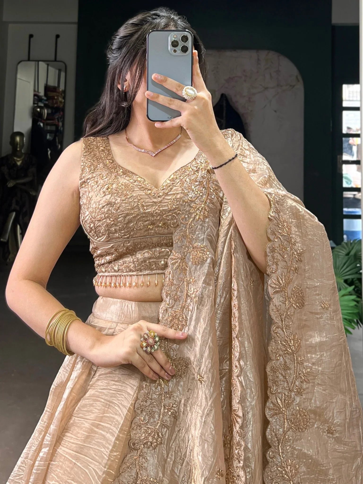 Golden Crush Organza Lehenga Choli – Festive & Party Wear