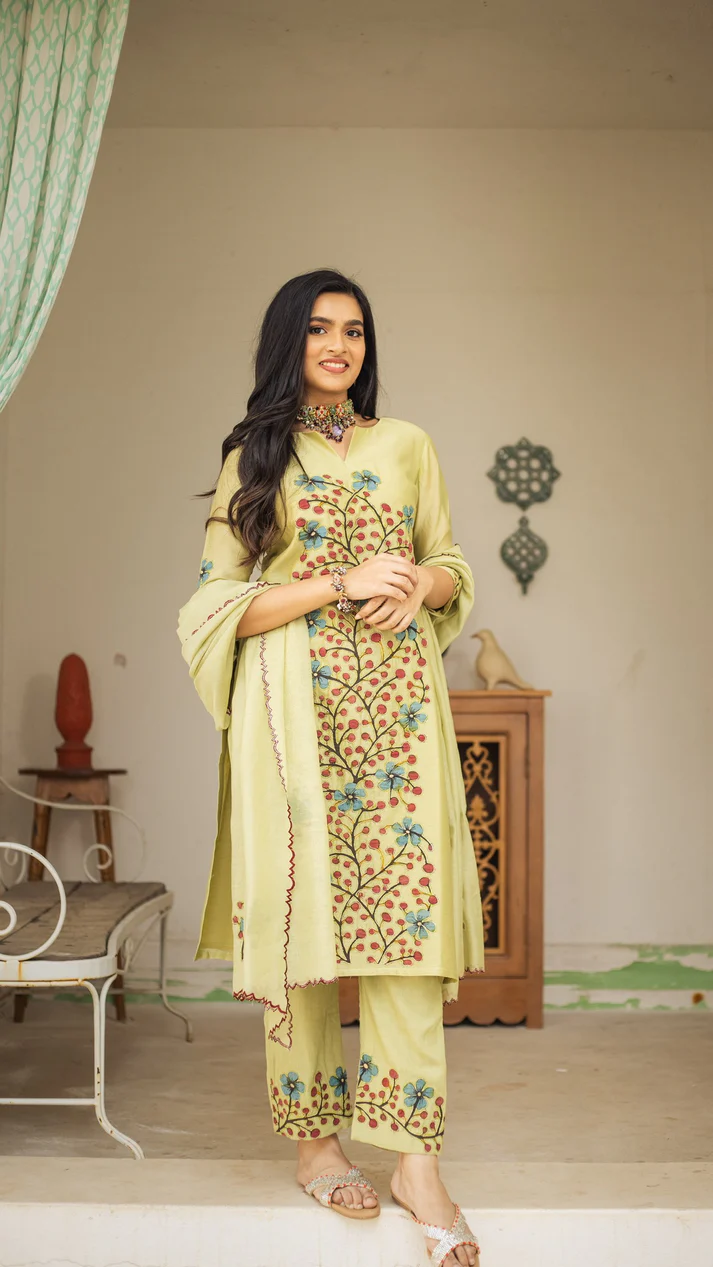 Kalamkari Cotton Kurta Set  Floral Design with Coordinated Dupatta
