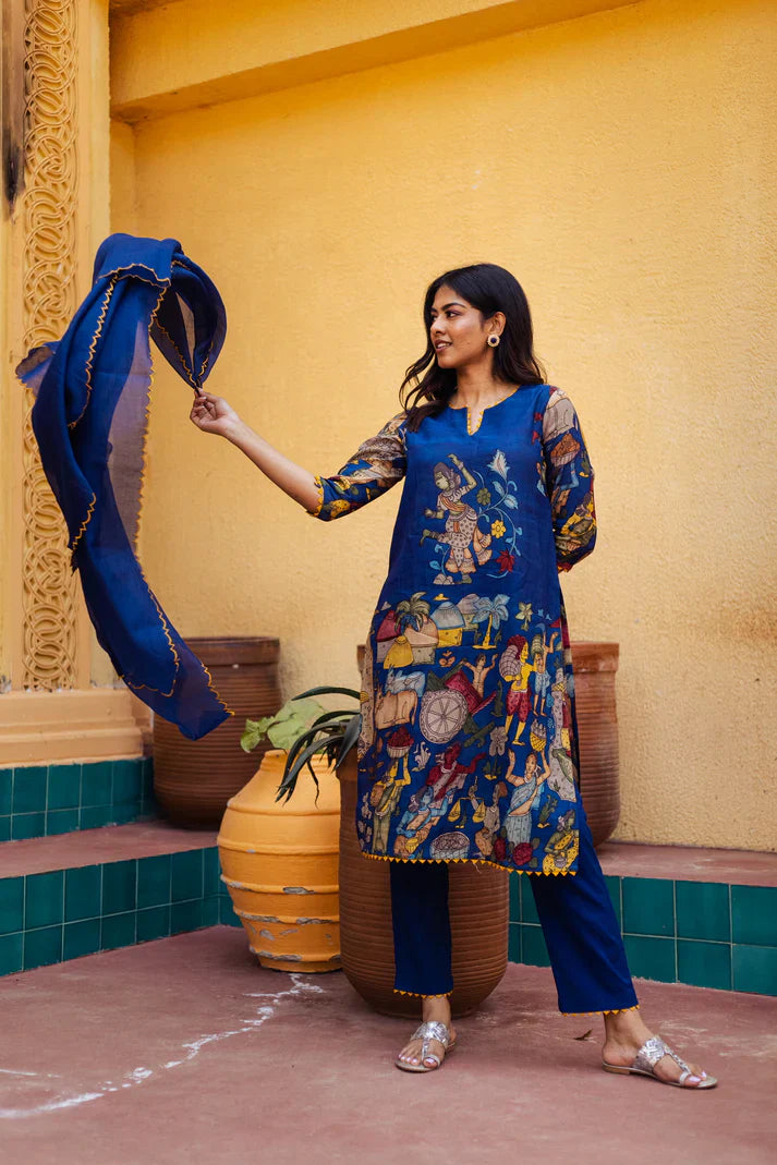 Kalamkari Cotton Kurta Set Blue with Floral Design with Coordinated Dupatta