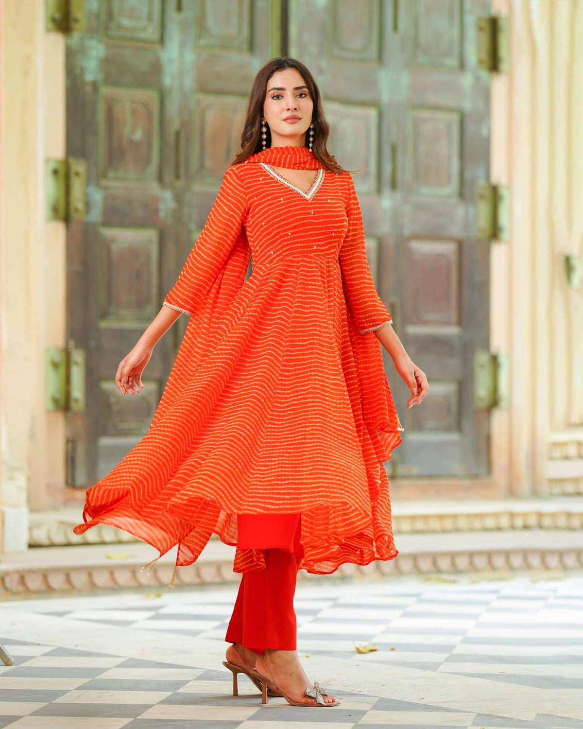Orange Leheriya Chiffon Suit Set