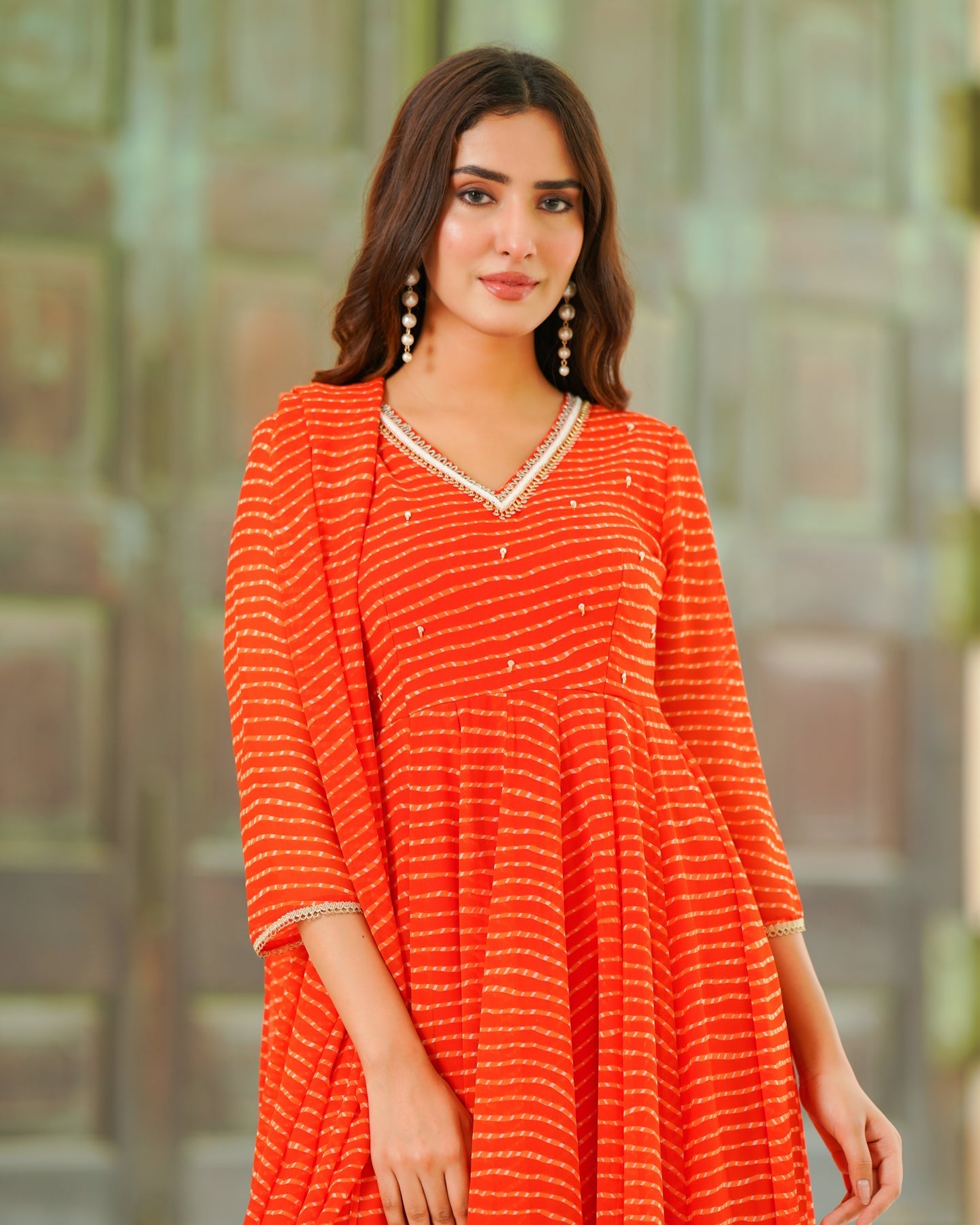 Orange Leheriya Chiffon Suit Set