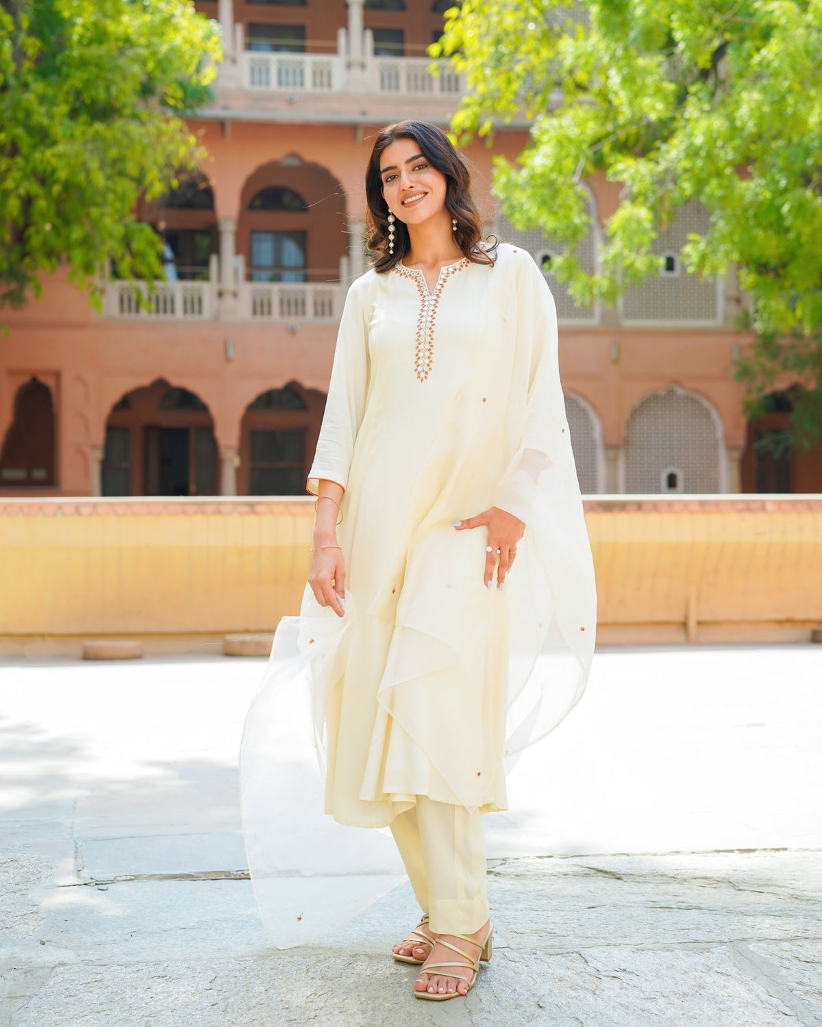 Off White Embroidered Suit Set