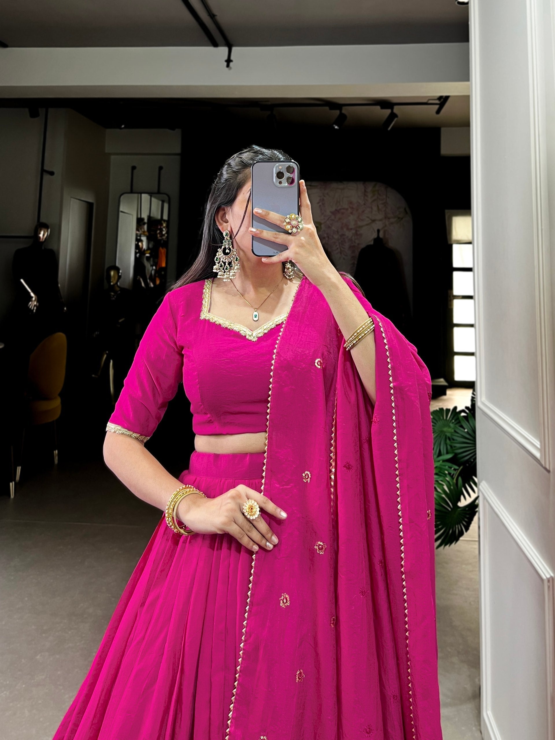 Pure Chanderi Lehenga with Intricate Zari Border and Sequin Embellished Dupatta