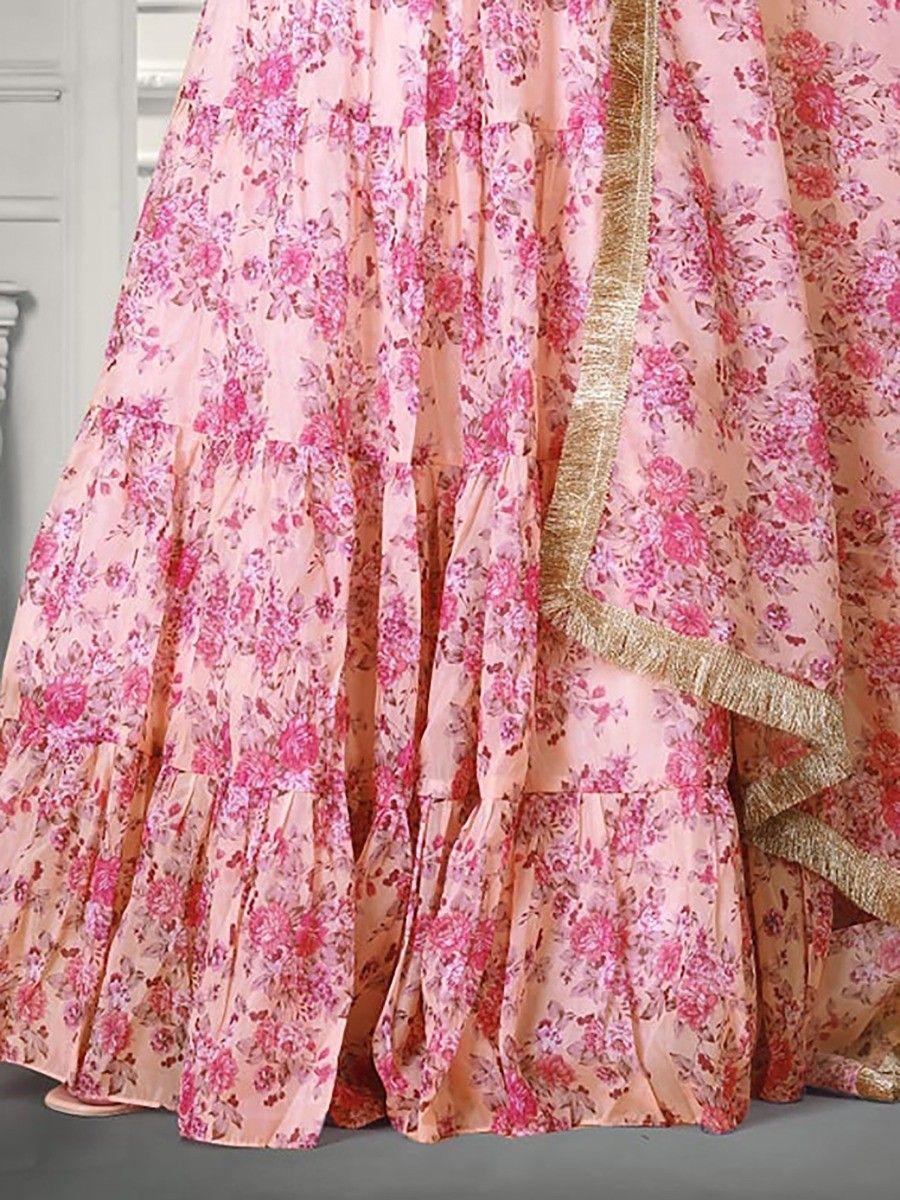Mesmerizing Pink Floral Printed Organza Lehenga Choli with Maroon Mirror Work Blouse