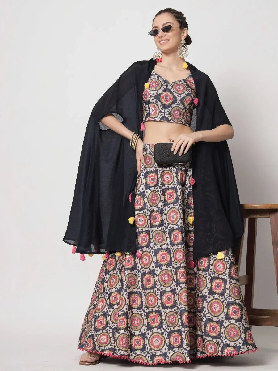 Navy Blue Chinon Silk Lehenga Choli – Festive & Party Wear