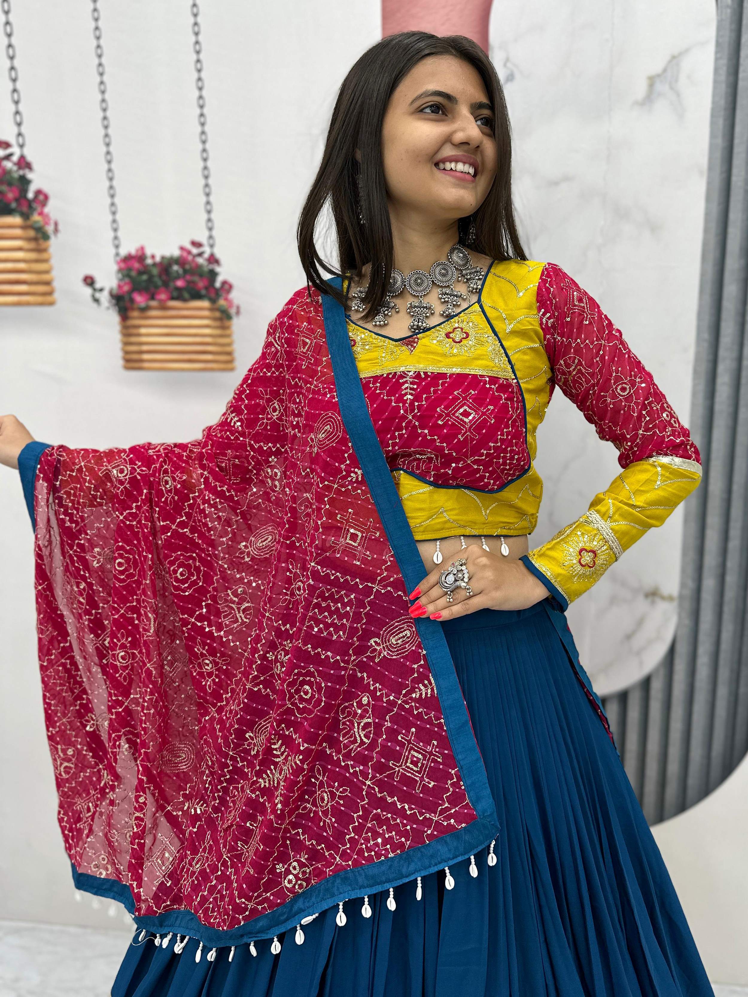 Navy Blue & Mustard Yellow Cotton Lehenga Choli – Embroidery & Bandhej Work