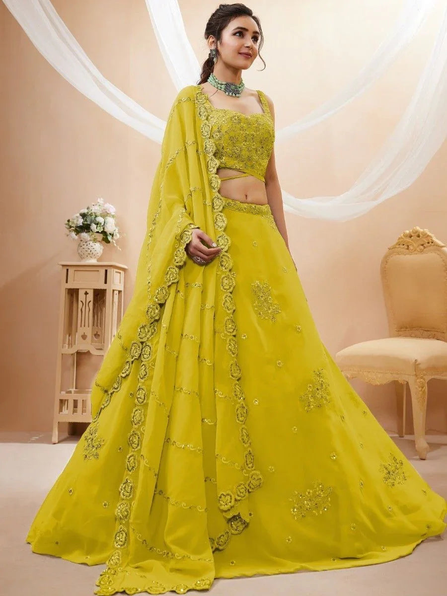 Neon Yellow Georgette Lehenga Choli – Sequins & Dori Embroidered Wedding Wear