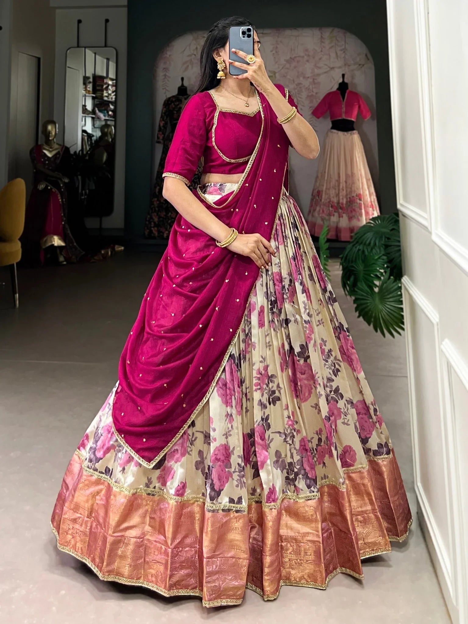 Off-White Dola Silk Lehenga Choli – Floral Print with Rani Pink Choli & Dupatta