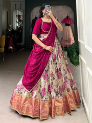 Off-White Dola Silk Lehenga Choli – Floral Print with Rani Pink Choli & Dupatta