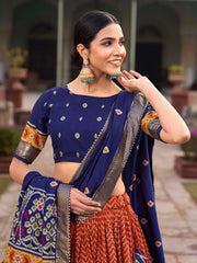 Orange Patola Printed Silk Lehenga – Blue Choli & Dupatta