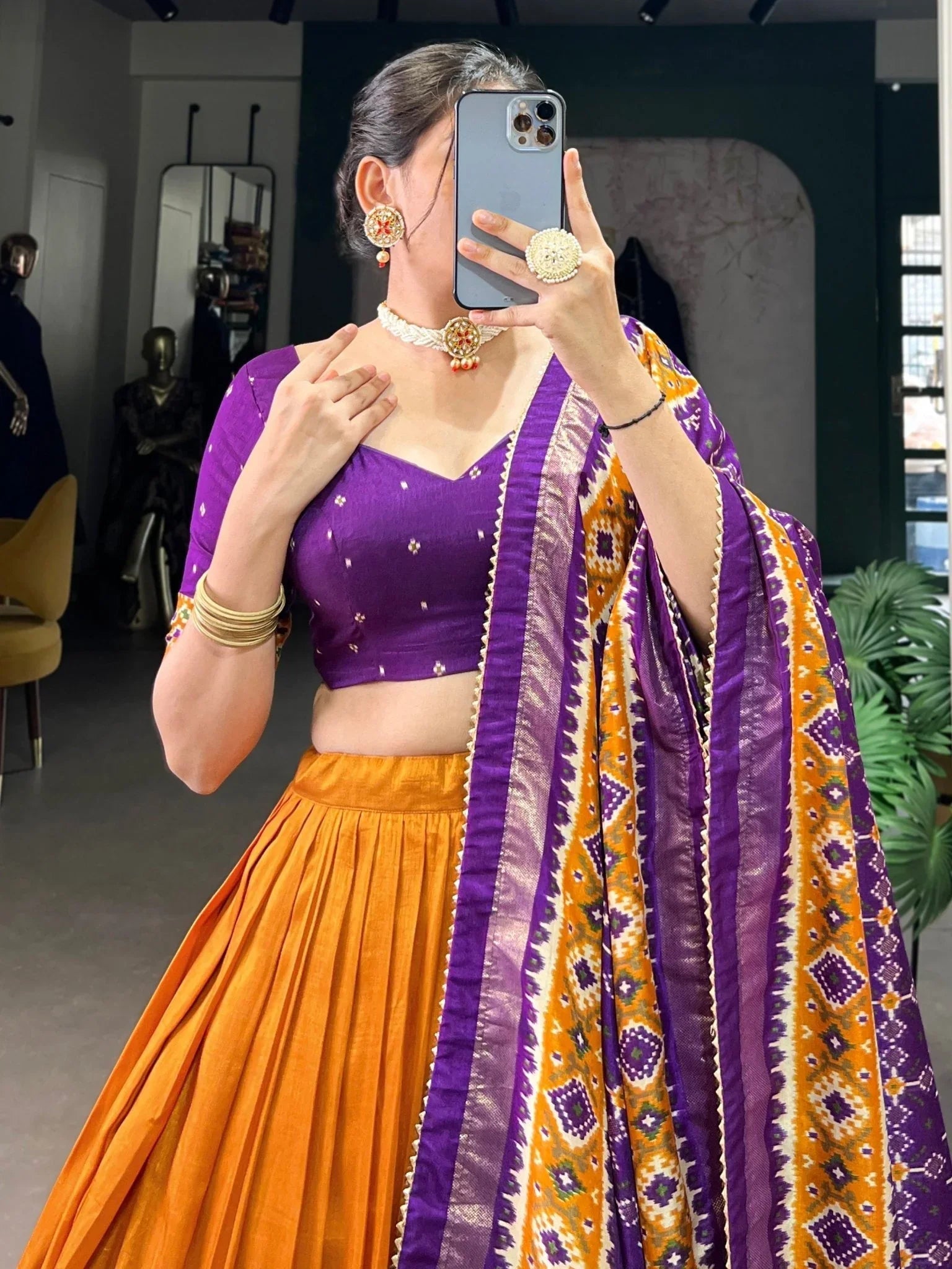 Orange Patola Tussar Silk Lehenga – Purple Blouse & Dupatta
