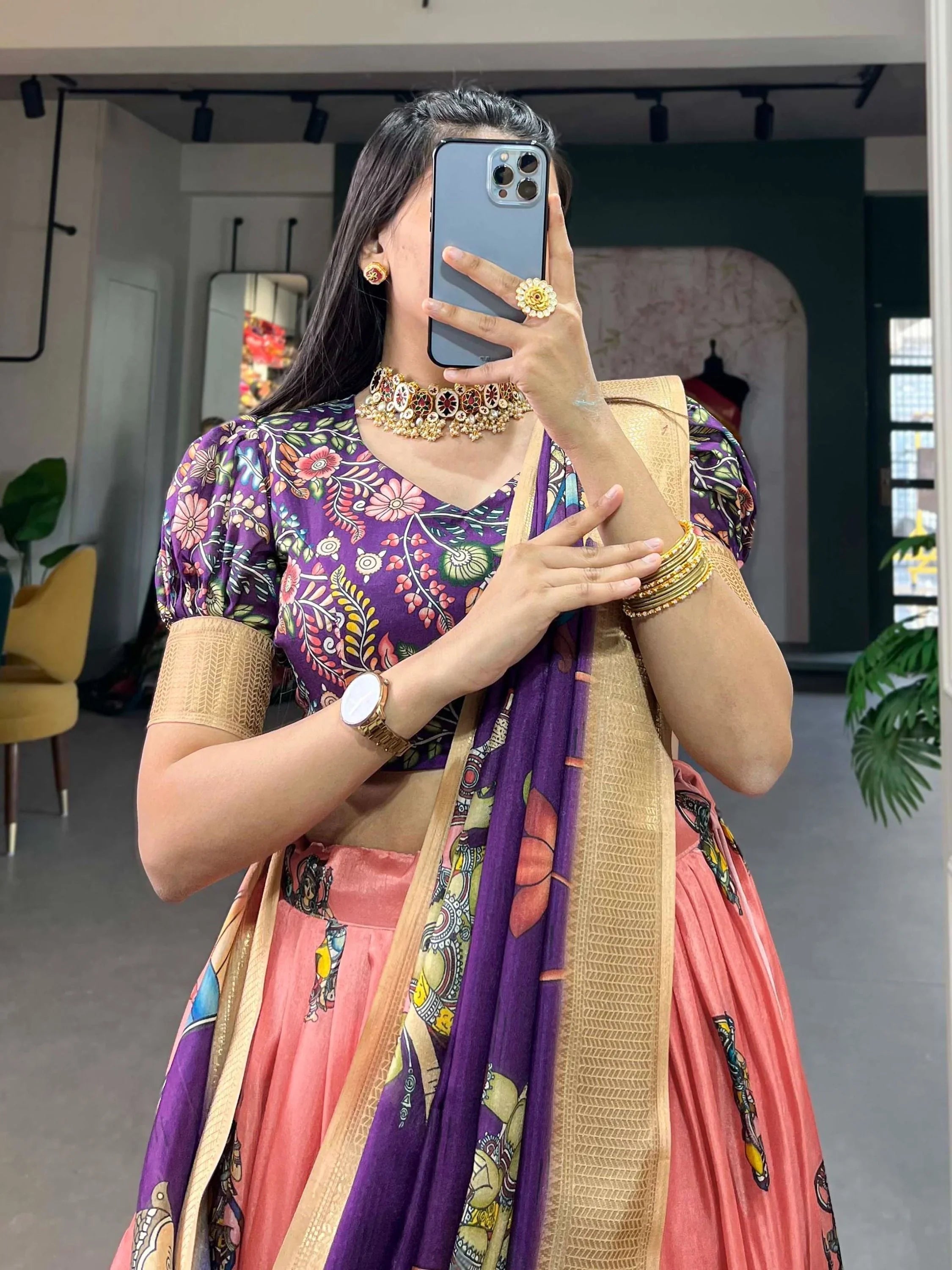 Peach & Purple Dola Silk Lehenga Choli – Kalamkari Print & Zari Work