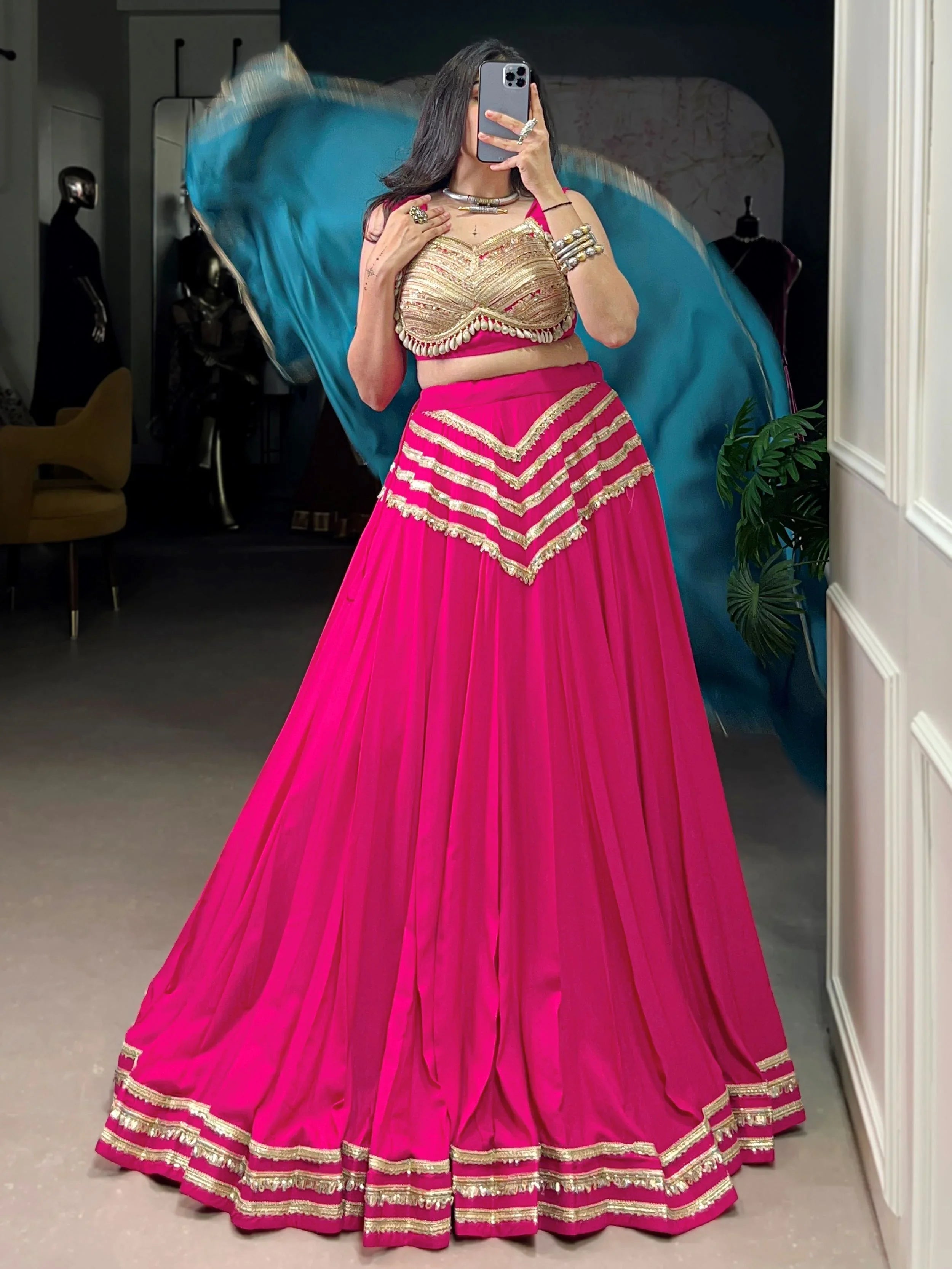 Pink Cotton Lehenga Choli – Sequins & Seashell Work with Blue Dupatta