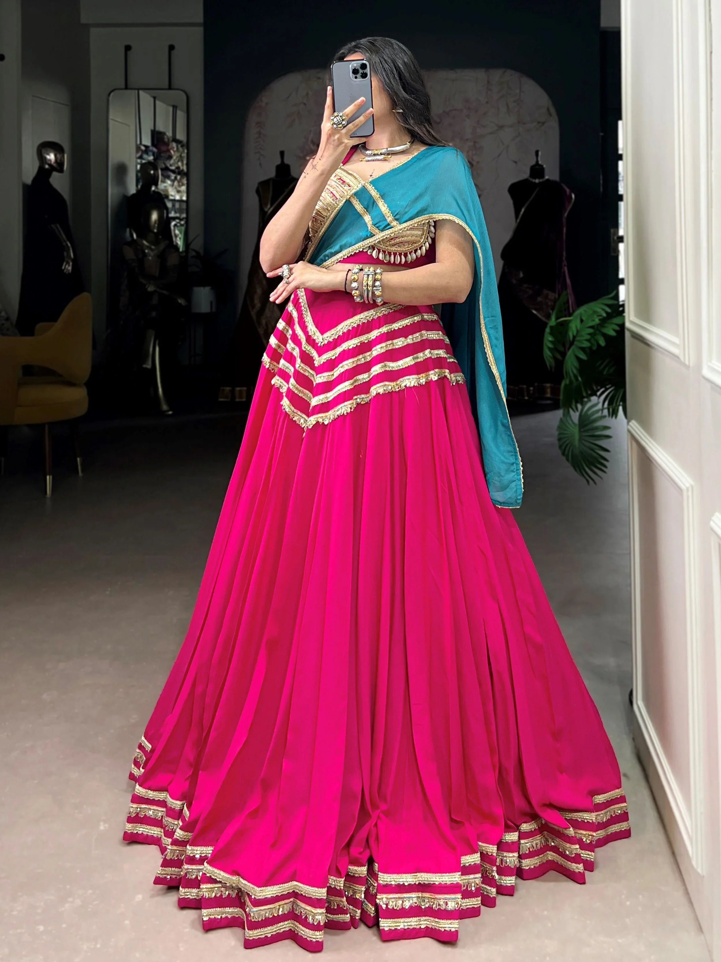 Pink Cotton Lehenga Choli – Sequins & Seashell Work with Blue Dupatta