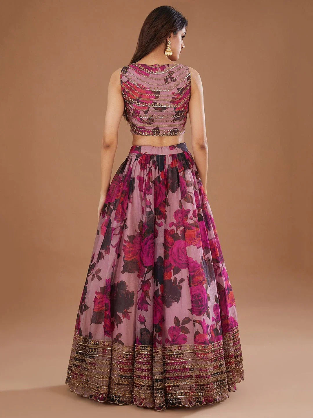Pink Organza Party Wear Lehenga Choli – Floral Print with Sequins & Cutwork Dupatta