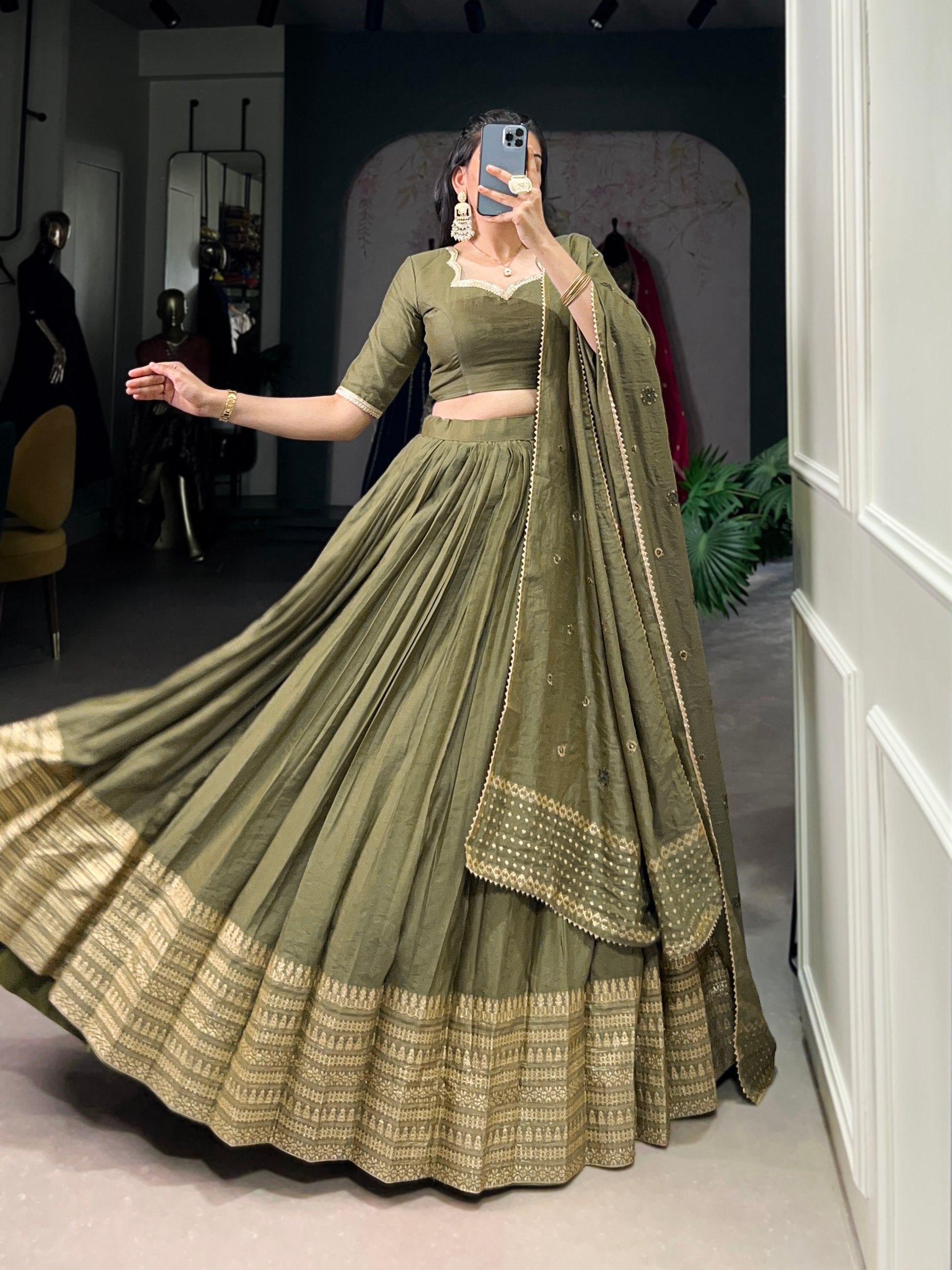 Pure Chanderi Plain Lehenga mehendi
