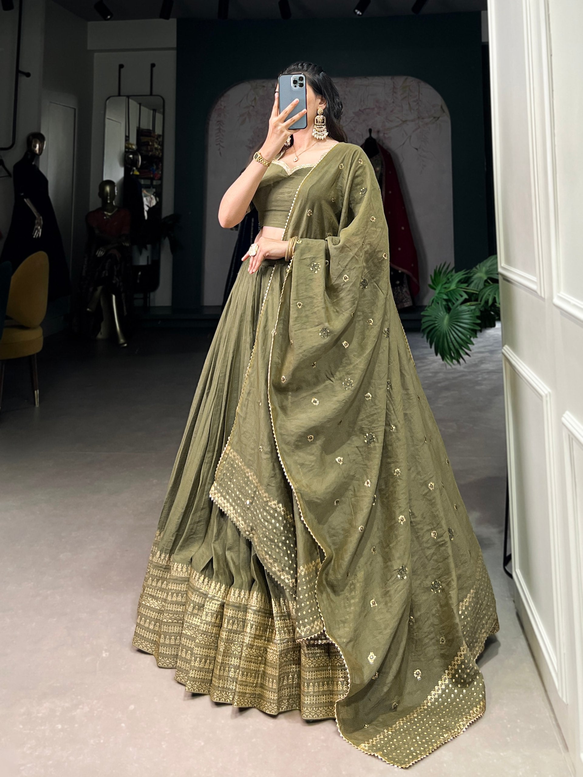 Pure Chanderi Plain Lehenga mehendi