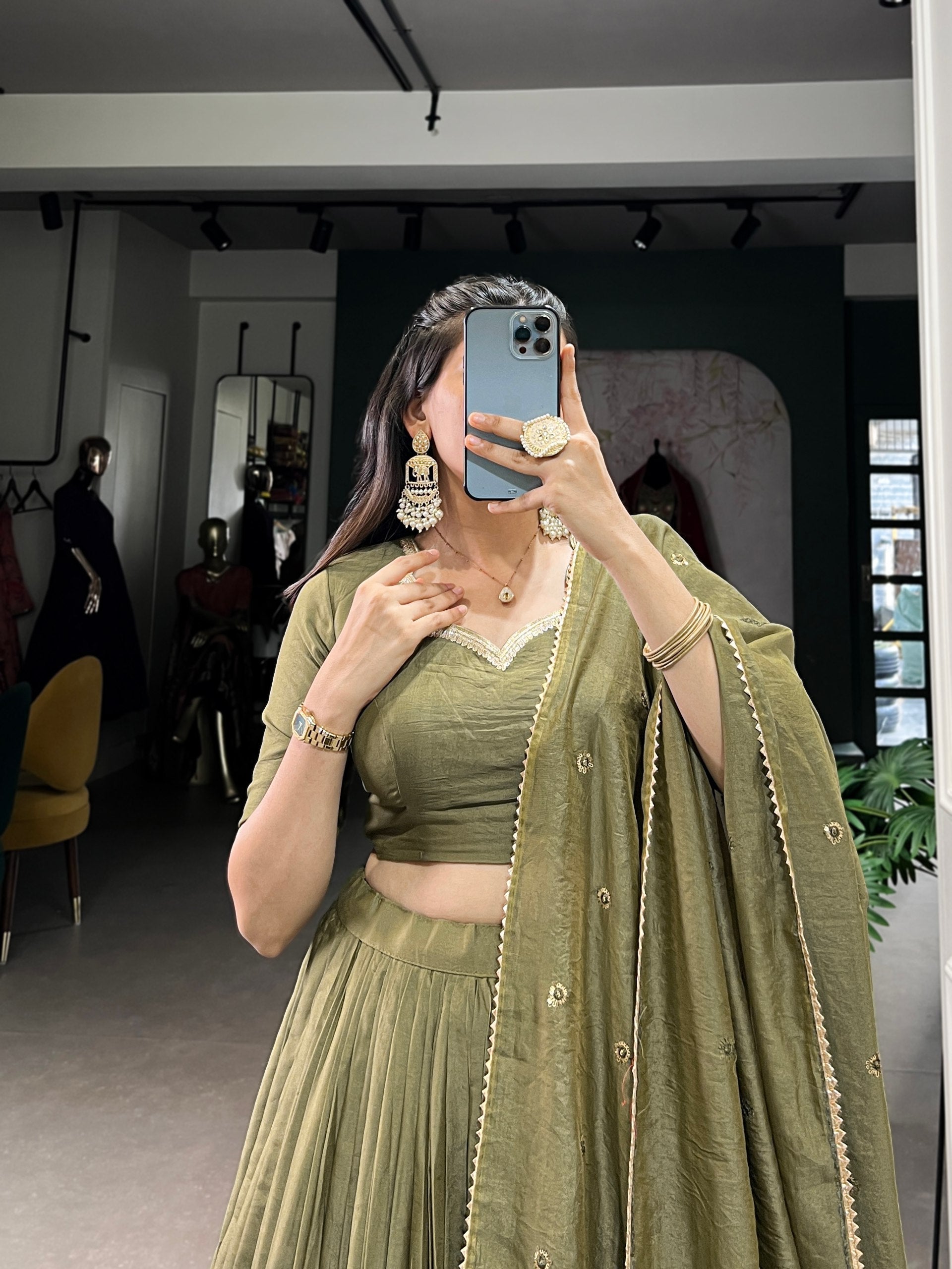 Pure Chanderi Plain Lehenga mehendi