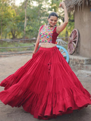 Red Rayon Lehenga Choli with Gamthi Thread Embroidered Koti – Festive Navratri Wear