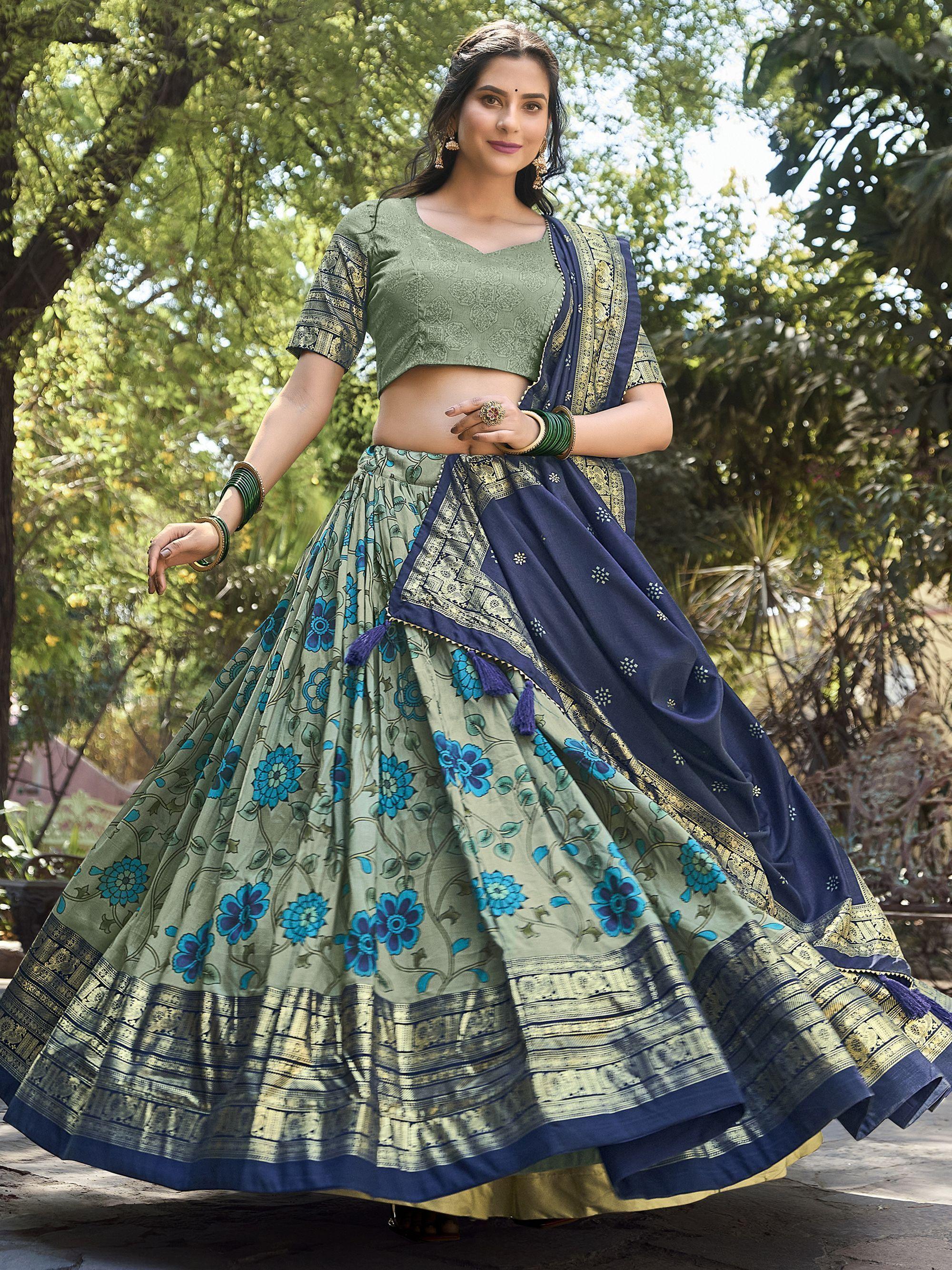 Sage Green Tussar Silk Lehenga Choli with Kalamkari Print & Foil Work – Elegant Ethnic Wear