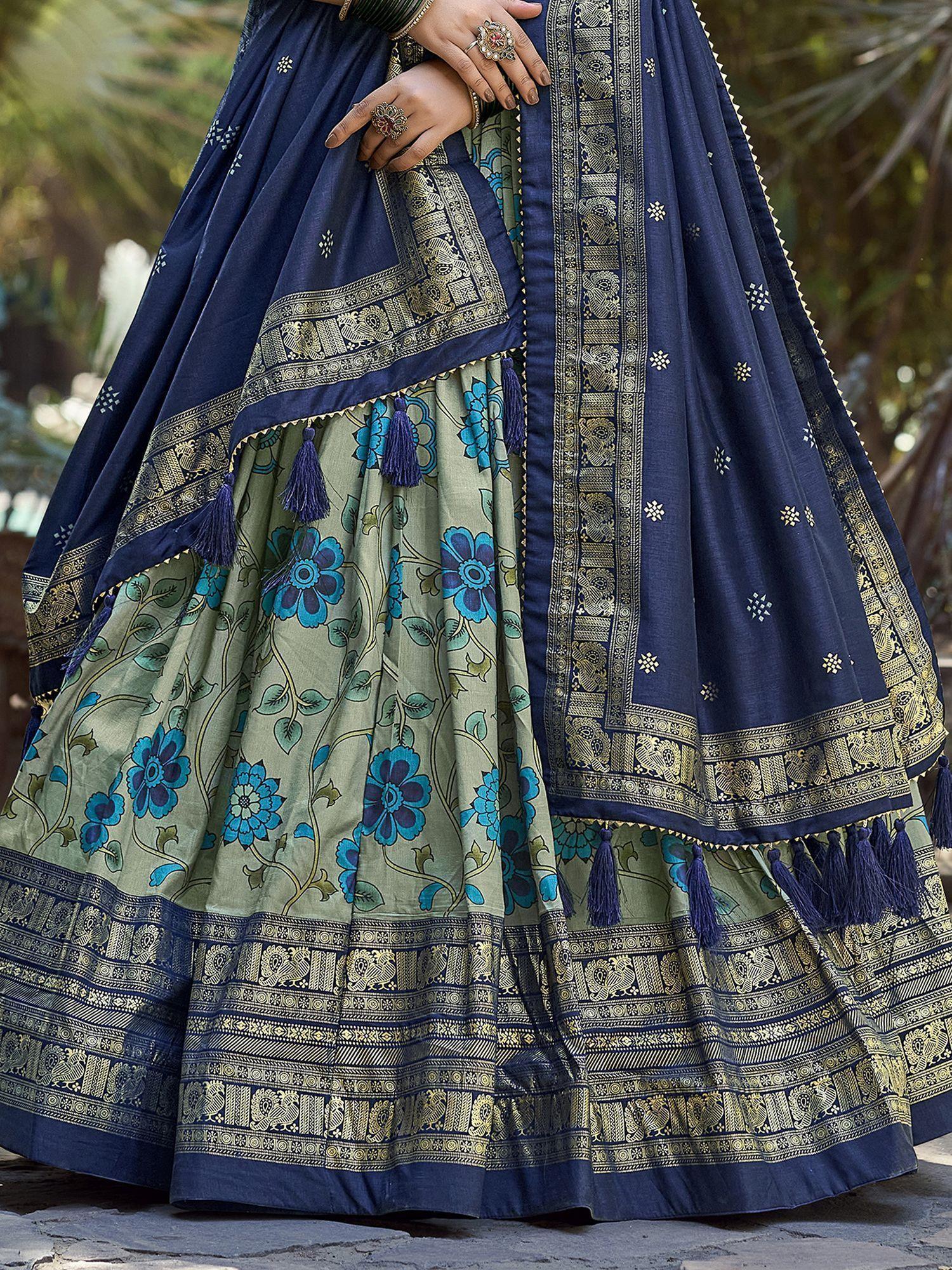 Sage Green Tussar Silk Lehenga Choli with Kalamkari Print & Foil Work – Elegant Ethnic Wear