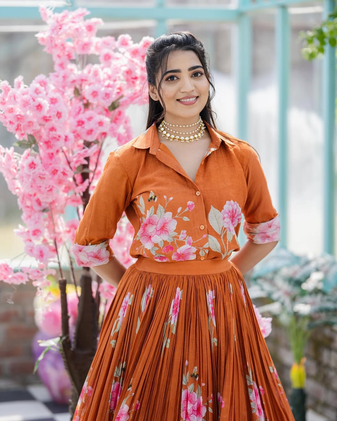 Rust Orange Floral Printed Shirt & Lehenga Set