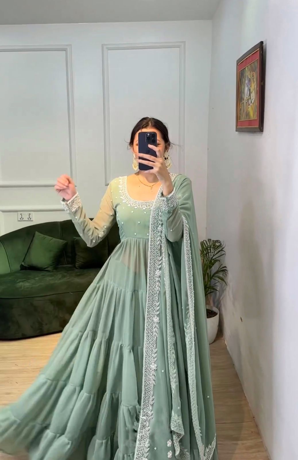 Luxury Georgette Anarkali Suit with Heavy Sequin & Rivet Moti Work – 8 Meter Flair