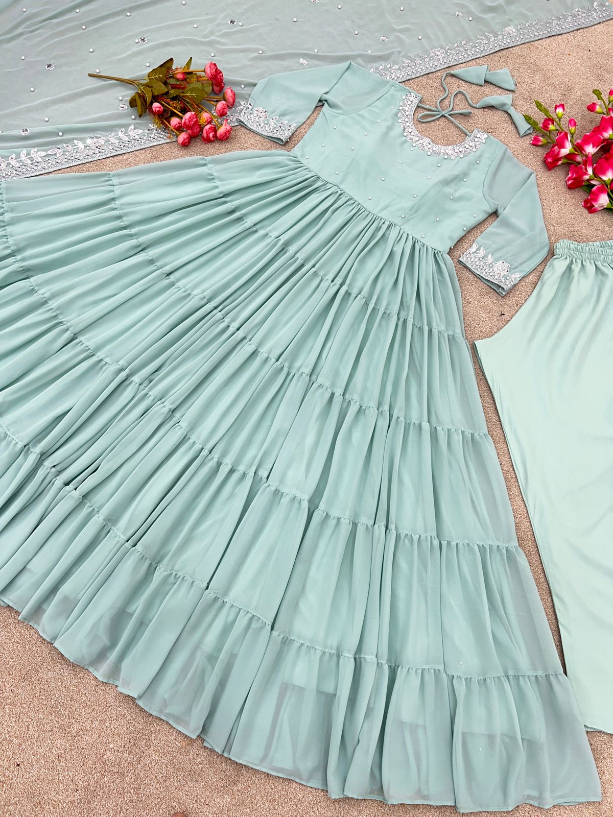 Luxury Georgette Anarkali Suit with Heavy Sequin & Rivet Moti Work – 8 Meter Flair