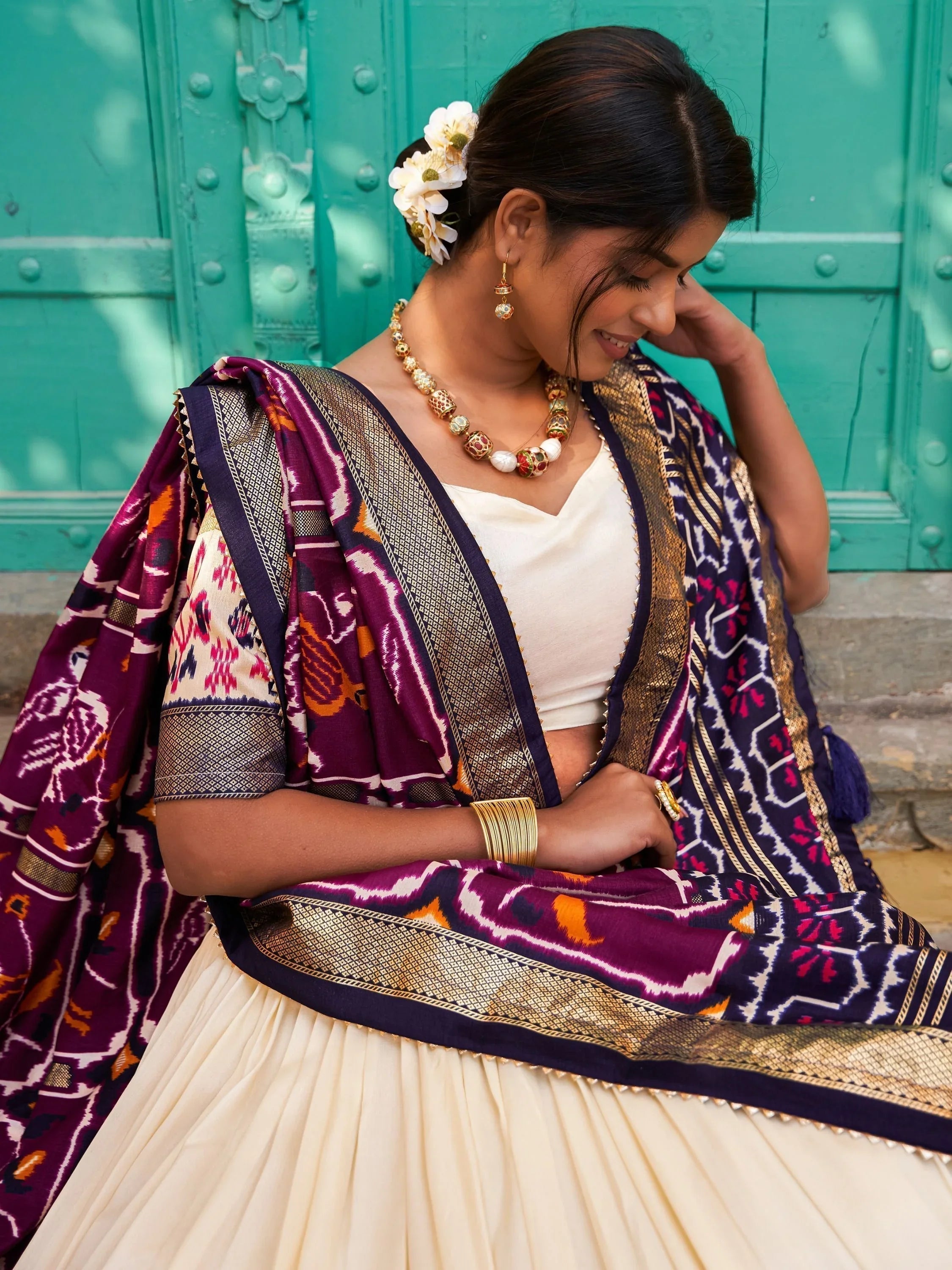 White & Purple Tussar Silk Lehenga Choli – Patola Print & Foil Detailing