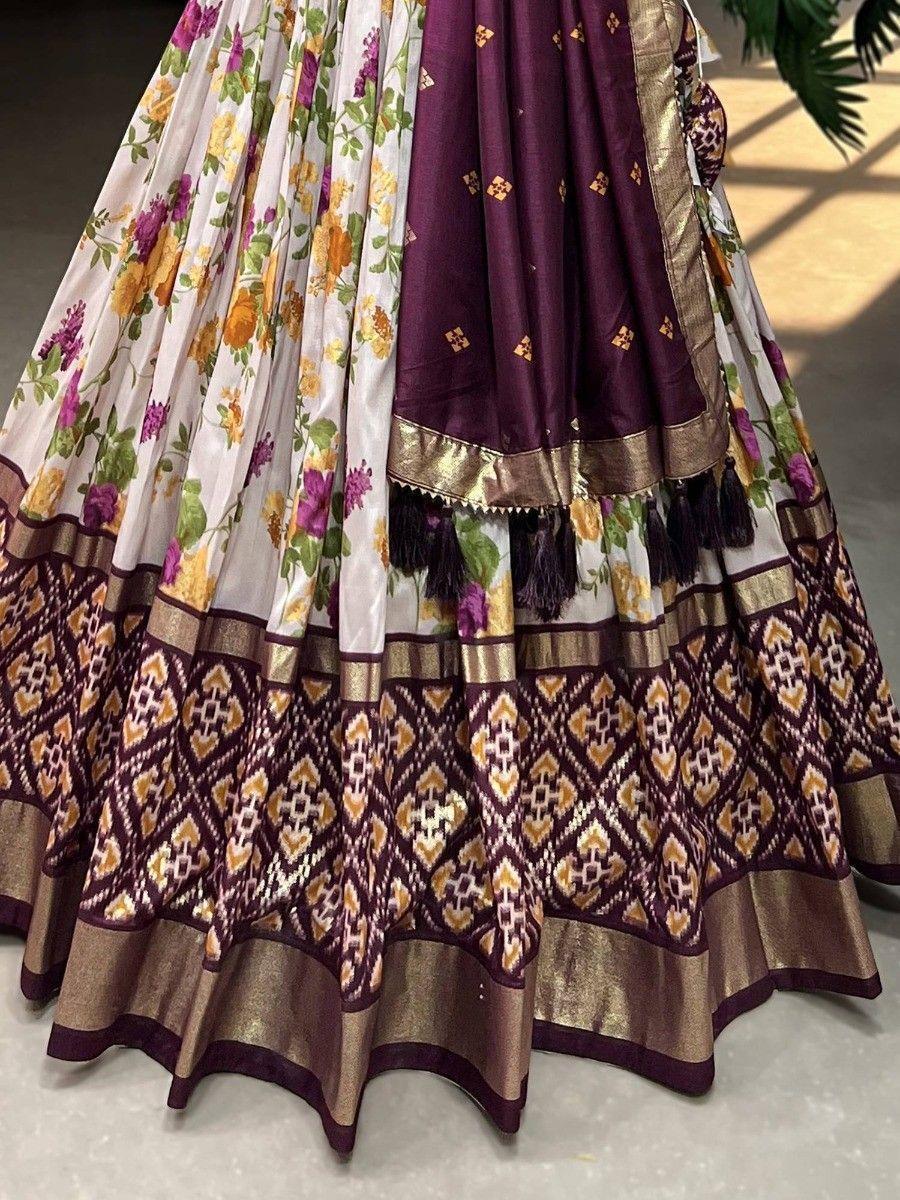 White & Wine Tussar Silk Floral Printed Lehenga Choli