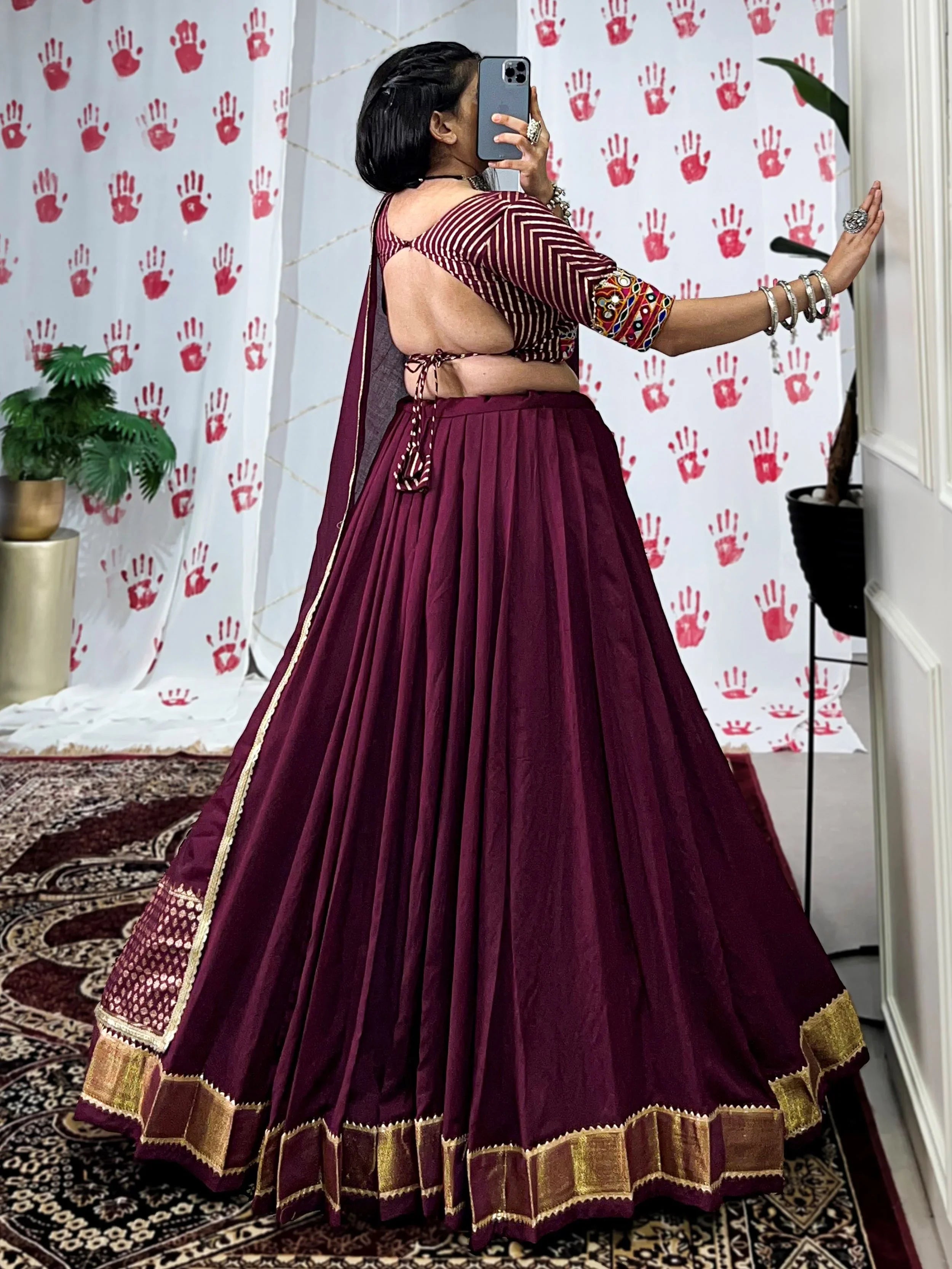 Wine Chanderi Lehenga Choli – Zari Weaving, Gamthi Mirror & Gotta Patti Work