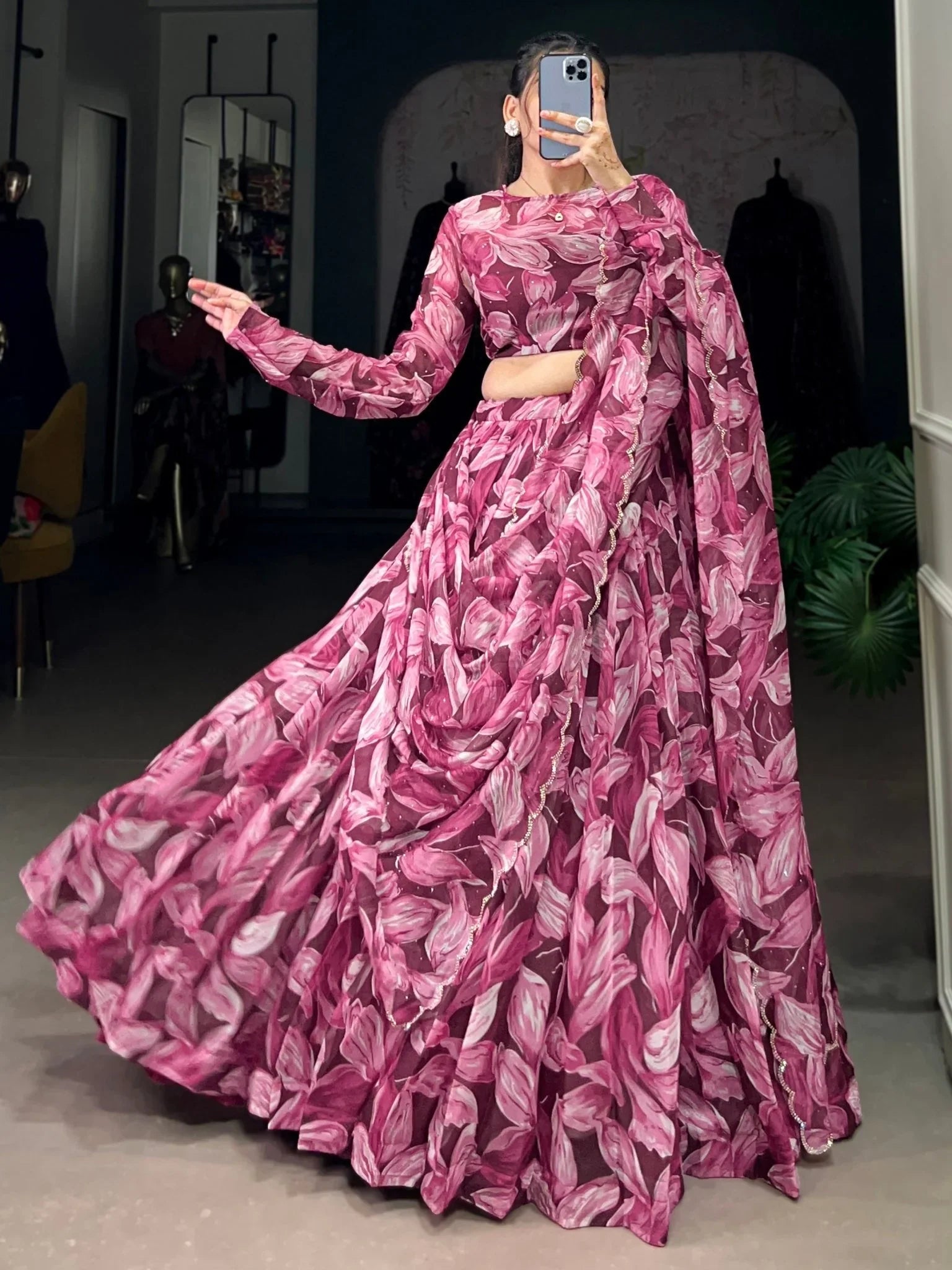 Wine Silk Lehenga Choli with Digital Print & Swarovski